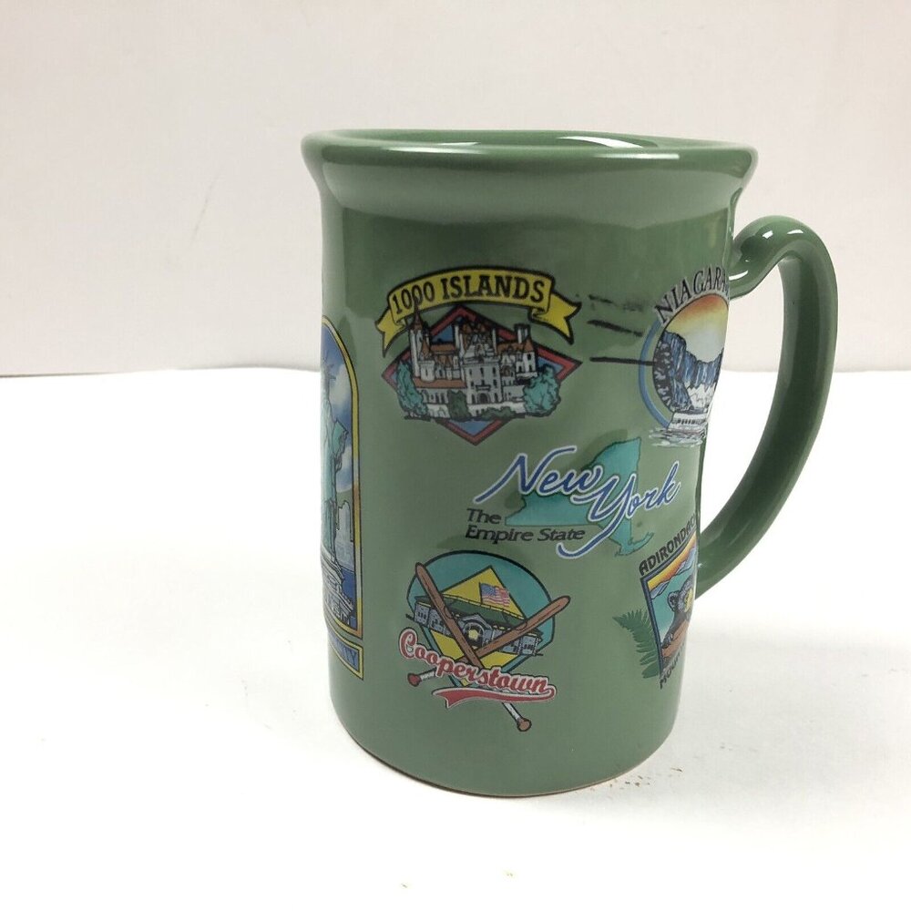 New York Tall Coffee Mug Cup Green Landmarks Raised Niagara Falls Cooperstown